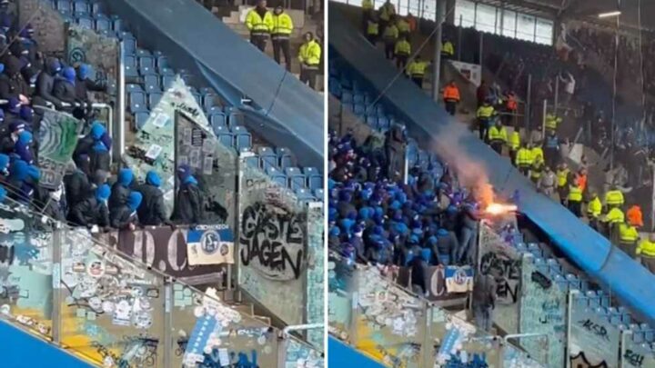Scary moment Schalke hooligans kick through stadium barriers and set off fireworks over rival fans as match is delayed | The Sun